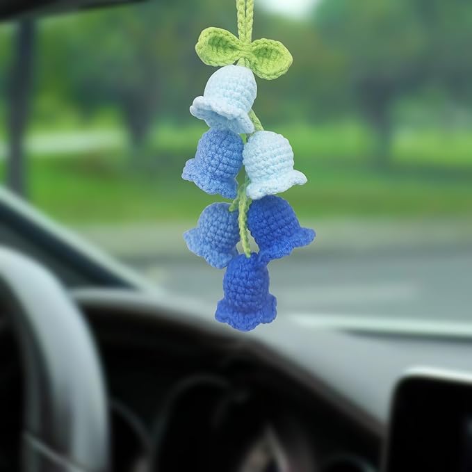 Car Rearview Mirror Hanging Ornament,Crochet Flower Basket Plant Car Accessories,Handmade Knitted Car Ornament Boho Car Accessories for Women (Lily of The Valley(Blue))