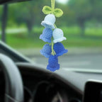 Car Rearview Mirror Hanging Ornament,Crochet Flower Basket Plant Car Accessories,Handmade Knitted Car Ornament Boho Car Accessories for Women (Lily of The Valley(Blue))