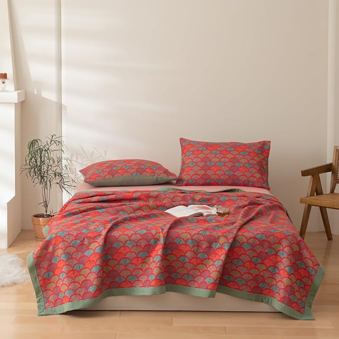 100% Cotton Muslin Blanket Jacquard Rustic Mermaid Fish Scales Quilt, Soft Bed Cover 3 Layers Reversible Bedspread Coverlet Breathable Lightweight Bedding Twin(59"x94"), No Pillow Sham