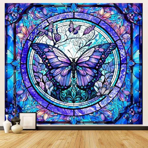 Stained Glass Butterfly Tapestry Wall Hanging Botanical Floral Plant Wall Art Moth Wall Tapestry Aesthetic Vintage Butterfly Flowers Decor for Home Decor Bedroom Living Room Dorm Decor 59x51in - color: S03-Butterfly