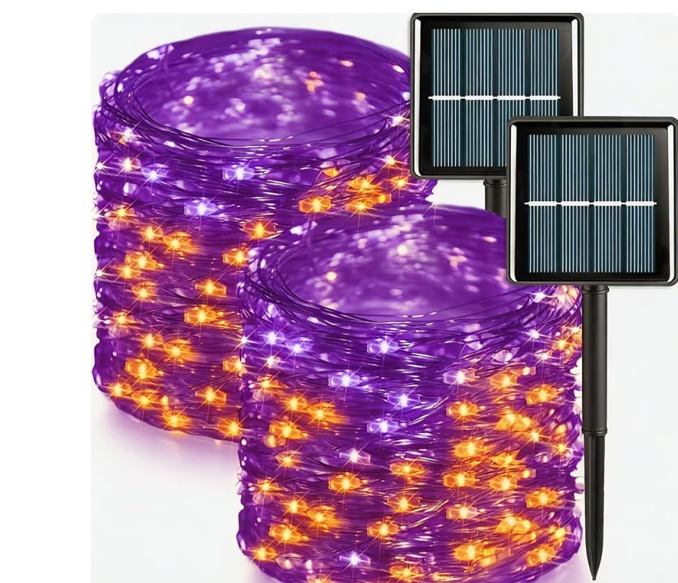 QITONG Halloween Solar Fairy Lights, 2 Pack Each 66ft 200 LED Orange and Purple String Lights Outdoor with 8 Modes, Silver Wire Solar Lights for Fall Thanksgiving Decor - color: Orange and Purple