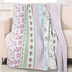 Cozy Line Home Fashions Floral Striped Floral Print Pattern Reversible 100% Cotton Quilted Throw Blanket 60" x 50" Machine Washable and Dryable (Wild Rose) - color: Wild Rose Floral
