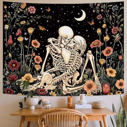 Haibimen Skeleton Tapestry Wall Hanging Dark Romance Moon Stars Butterfly Floral Skull Gothic Tapestries for Bedroom Aesthetic Wallpaper Decor for Living Room, Dorm (Black 1, 80''×60'') - color: Black 1, size: 80''×60''