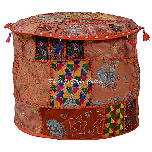 Indian Round 18" Patchwork Embroidered Ottoman Stool Pouf Cover Cotton Orange Floral Furniture Living Room Pouffe Bean Bag Home Decor - color: Orange