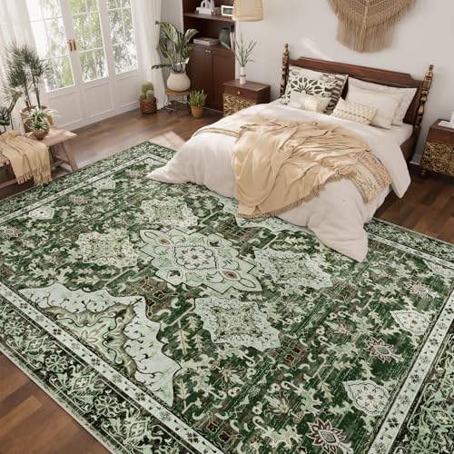AMTOVO 6x9 Washable Area Rugs for Living Room, Non-Slip Boho Vintage Accent Medallion Print Pattern Carpet for Bedroom Dining Room Home Office Nursery Dorm Farmhouse, Dark Green - color: Dark Green, size: 6' x 9' (Rectangular)