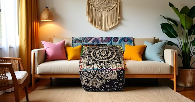 CRAFT KALA Mandala Meditation Floor Pillows Cover Square Pillow Seating Hippie Decorative Adults Bohemian Cushion Cover Outdoor Living Room Throw Ottoman Poufs Cover 22X22X14 inches, Black Gold Flower
