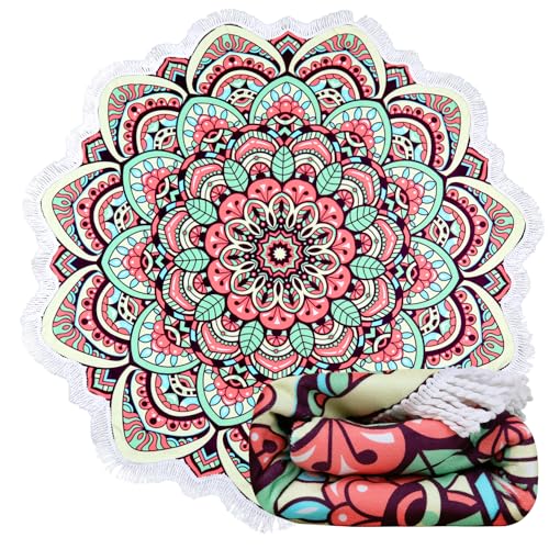 Benefeet Sox Large Mandala Beach Towel Round Microfiber Circle Beach Towels Bohemian Roundie Beach Blanket Quick Dry Beach Throw Blanket Sand Free Pool Towels, 59 Inches Pink Multi - color: Mandala, Pink Multi