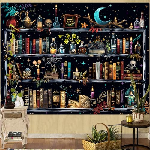 Accnicc Magic Bookshelf Tapestry Magical Witchy Potion Dark Hippie Haloween Tapestries Wall Hanging Gothic Skull Black Cat Library Book Large Tapestry for Bedroom Living Room Dorm 90 x 68 inch - color: Blue, size: 90"L x 68"W
