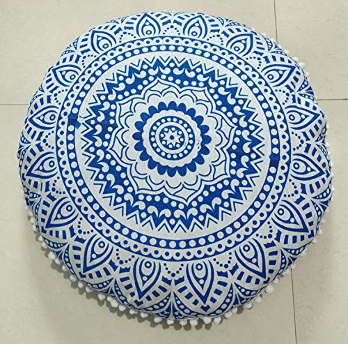 INDIAN CRAFT CASTLE 24" Blue Ombre Mandala Barmeri Large Floor Pillow Cover Cushion Meditation Seating Ottoman Throw Cover Hippie Decorative Zipped Bohemian Pouf Ottoman Pom Pom Cases 24" Round - color: Blue, style: 24 Inch Round