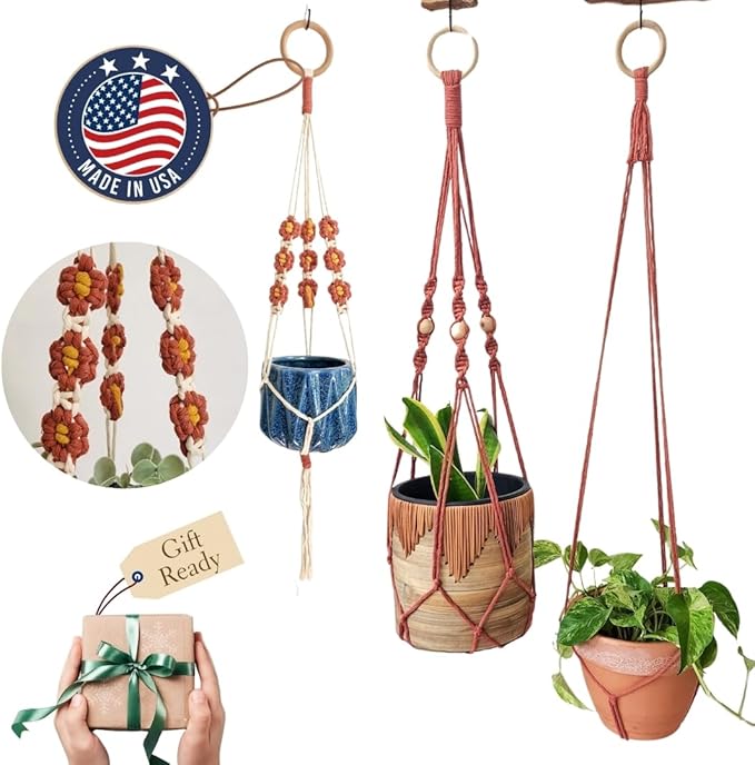 Set of 3 Macrame plant hangers with Daisies & Beads Hanging plant holder Macrame Plant hangers outdoor and indoor hanging planters Plant stand indoor Boho Decor hanging planter stand (Cafe Latte)