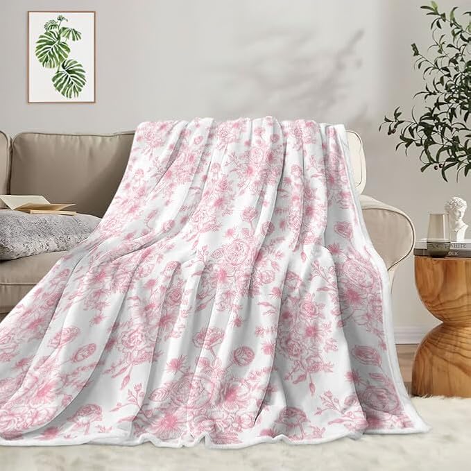 Floral Throw Blanket, Botanical Floral Blanket, Soft, Flannel, Warm, Boho Floral Bed Blanket All Season Flower Throw Blanket for Couch Bedroom Living Room, Pink 50X60 Inch