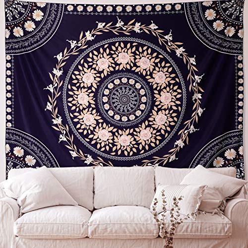 FLY SPRAY Mandala Tapestry Aesthetic,Boho Tapestries Wall Hanging,Dark Rose Floral Medallion Tapestrys,Bohemian Wall Art Hippie Decor for Bedroom Living Room Ceiling - color: Boho Tapestry-Navy Blue, size: 80"L x 60"W