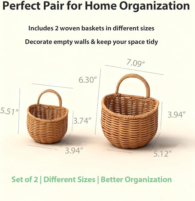 2 Pack Wall Hanging Rattan Baskets, Hand-Woven Storage Basket, Small Wall Hanging Baskets for Kitchen, Washable Decorative Basket, Potato Garlic Onion Storage Baskets