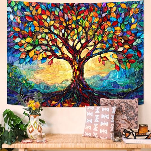 Lunerfex Tree of Life Tapestry Stained Glass Tapestry Wall Decor Tapestries for Bedroom Art Tapestries Wall Hanging for Bedroom Living Room Glass-Tree-01 60"x80" - color: Colorful Blue, size: 80"L x 60"W
