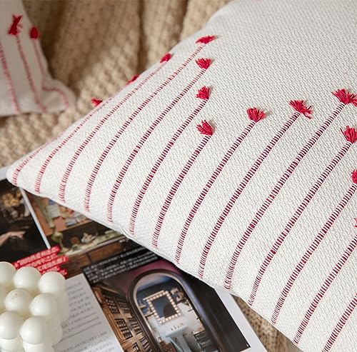 Caflife Boho Christmas Throw Pillow Covers 18x18 Set of 2, Christmas Decorations Pillow Covers Beige with Red Line for Modern Farmhouse Couch Sofa Bedroom Living Room Outdoor - color: Red Beige, size: 18" x 18" (Pack of 2)