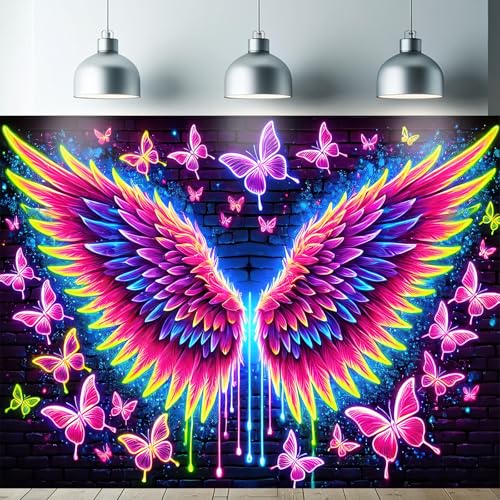 Starlit Patio Blacklight Angel Wings Tapestry UV Reactive Glow in The Dark Butterflies Wall Hanging Trippy Fluorescent Neon Art Poster for Bedroom Living Room Dorm Aesthetic Decor 78 x 59 Inches - color: Angel Wings