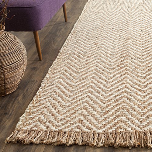 SAFAVIEH Natural Fiber Collection Runner Rug - 2'6" x 12', Bleach & Natural, Handmade Chevron Fringe Jute, Ideal for High Traffic Areas in Living Room, Bedroom (NF458A) - size: 2'6" x 12' (Runner)