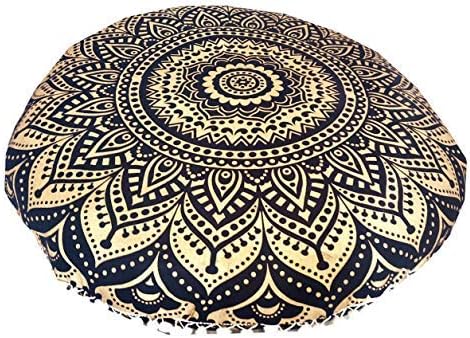 32" Gold Mandala Barmeri Large Floor Pillow Cover Cushion Meditation Seating Ottoman Throw Cover Hippie Decorative Zipped Bohemian Pouf Ottoman Poufs, Pom Pom Pillow Cases (Gold Black, 32 inch Round)