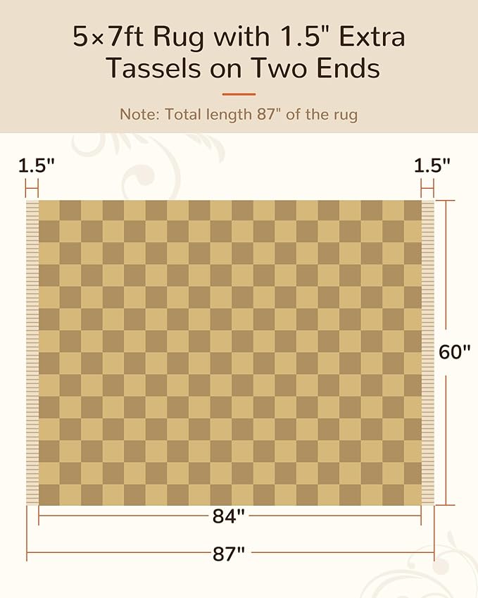 BESTSWEETIE 5'x7' Washable Rug Hand-Woven Low Pile Soft Checkerboard Pattern Reversible Checkered Braided Rugs with Short Fringe Carpet for Living Room Bedroom Dining Room Home Decor - Naturejute