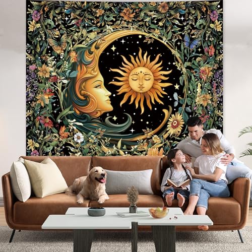 Apdidl Sun and Moon Hippie Decor Tapestry for Bedroom, Boho Hippy Mystic Floral Tapestries Wall Hanging Aesthetic, Vintage Mandala Plants Moon Cute Backdrop Wall Decor for Living Room Dorm 51"X60" - color: Sun Moon Tapestry, size: 60"L x 51"W