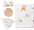 BabyWhale Muslin Swaddle Blanket with Hat and Headband Bow, Flower and Bear Print Swaddle Set for Baby Boys ＆ Girls, Soft Breathable Unisex Receiving Blanket Wrap, 47x47 inches