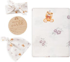 BabyWhale Muslin Swaddle Blanket with Hat and Headband Bow, Flower and Bear Print Swaddle Set for Baby Boys ＆ Girls, Soft Breathable Unisex Receiving Blanket Wrap, 47x47 inches