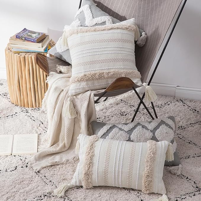 Beige Decorative Pillow Covers 20x20 Inch Soft Linen Texture Couch Throw Pillows Farmhouse Cushion Covers with Elegant Design for Sofa Bedroom Living Room Home Decor