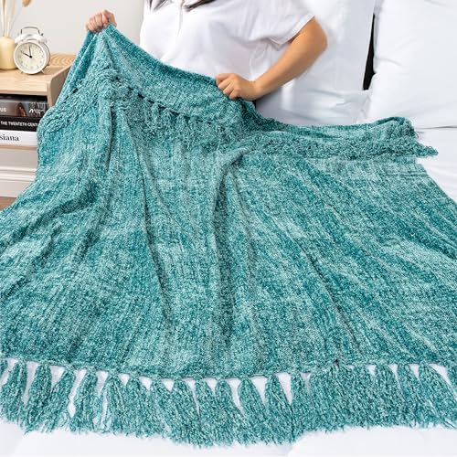PAVILIA Teal Green Blanket for Couch, Twin Size Bed, Chenille Throw for Sofa Bed, Soft Knit Woven Turquoise Blanket with Decorative Tassel for Living Room, Teal Green Twin 60x80 - color: Teal, size: 60 X 80 Inches - Twin
