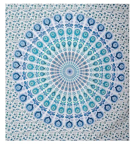 FURNISHFUL FINESSE Handmade Cotton Peacock Mandala Tapestry - Serene Sky Blue & White Ombre Boho Wall Decor, Bohemian Hippie Room Hanging for Bedroom & Dorm Aesthetic - 30x40 Inches - color: Sky Blue, size: 40"L x 30"W