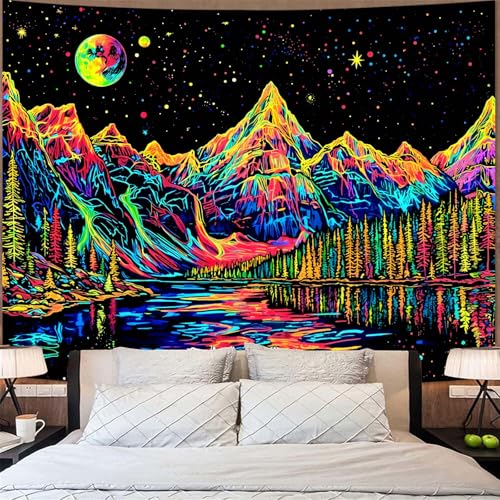 Zussun Blacklight Mountain Forest Tapestry for Bedroom Aesthetic Hippie Pine Tree River Lake Tapestries Wall Hanging Glow in The Dark Moon and Stars Wall Tapestry for Living Room Dorm 48 × 36 Inch - color: Colorful Mountain, size: 48"L x 36"W