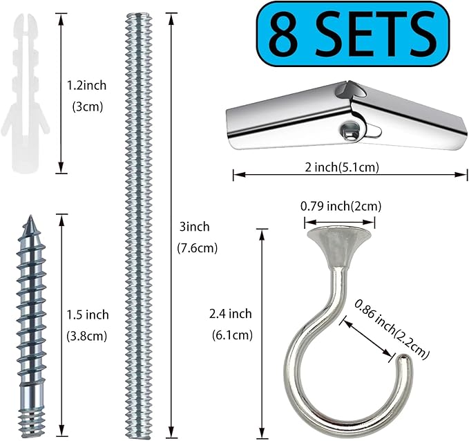 8 Sets Heavy Duty Swag Ceiling Hooks 2.4 Inch, Chrome Finish, Holds Up to 30lbs, for Hanging Plants & Lights, Easy Install on Wood, Concrete & Drywall (Chrome)