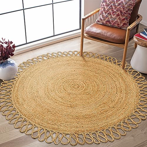 Hand Woven Braided Jute Rug - 5' Round - Reversible Farmhouse Dining Room Rug, Living Room, Bedroom, Kitchen - Natural Decorative Floor Boho Entry Area Rugs - Round Area Rugs 5ft - color: Natural 2, size: 5' (Round)