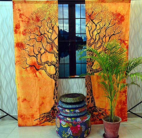 Indian Mandala Tree of Life Window Curtain Handmade Cotton Door Curtains Dorm Decor Tapestry Balcony Wall Drapes Window Treatment Door Cover Wall Panels Wall Sheer Blackout 82X52 Inch - color: Coral Color, size: 52"W x 82"L (Pack of 1)