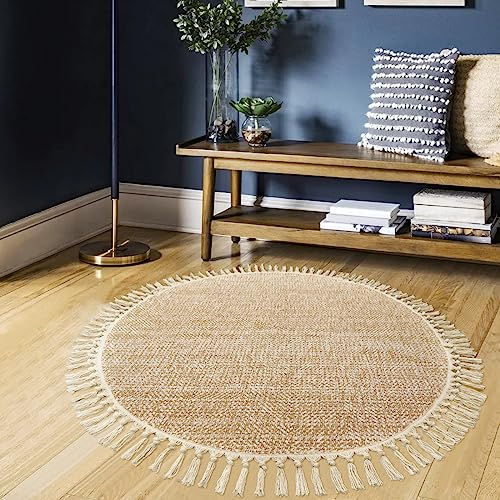 Collive Hand Woven Round Area Rug Soft Cotton Machine Washable Carpet 4ft Farmhouse Rugs with Tassels, Tan/Cream Circle Rugs for Bedroom Living Room Dining Room Table Office - color: Tan/Cream, size: 4' (Round)