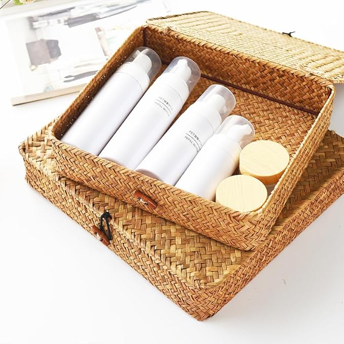 Seagrass Storage Baskets with Lid, Flat Wicker Basket, Shallow Woven Basket for Shelf, Decorative Storage Boxes for Organizing