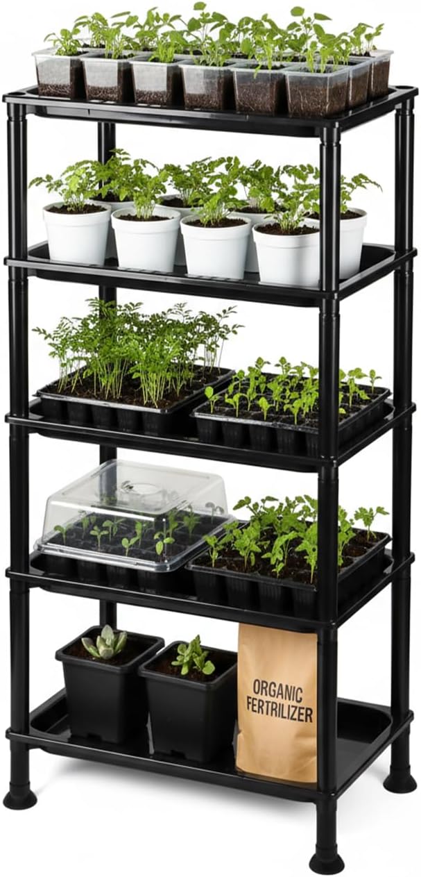 5-Tier Seed Starter Trays, Plant Stand, with Bottom-Watering Design– Reinforced Thickened Shelf for Small Pots, Balcony/Indoor Seed Starting & Greenhouse, Black