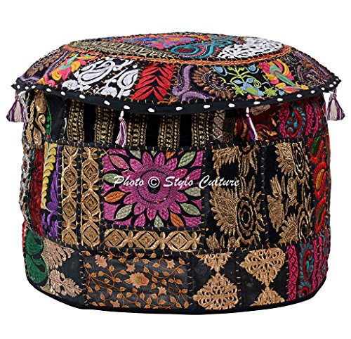 Traditional Cotton Patchwork Embroidered Ottoman Stool Pouf Cover Black Floral Seat 45 cm Seating Pouffe Case Bean Bag Home Decor - color: Black