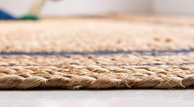 Unique Loom Braided Jute Collection Classic Quality Made Natural Hand Woven with Coastal Design Area Rug (8' 0 x 10' 0 Rectangular, Natural/ Navy Blue)