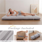 Japanese Floor Mattress, Futon Mattress with Portable Storage Bag and Washable Cover, Roll Up Thick Tatami Mat Suitable for Camping, Guest Room, Grey, Twin