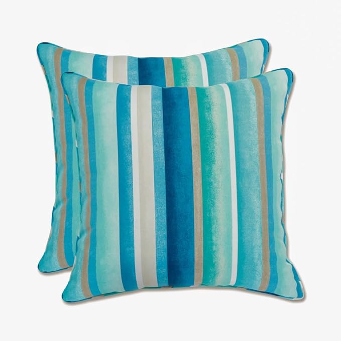 Pillow Perfect Stripe Indoor/Outdoor Accent Throw Pillow, Plush Fill, Weather, and Fade Resistant, Large Throw - 18.5" x 18.5", Blue/Tan Dina, 2 Count