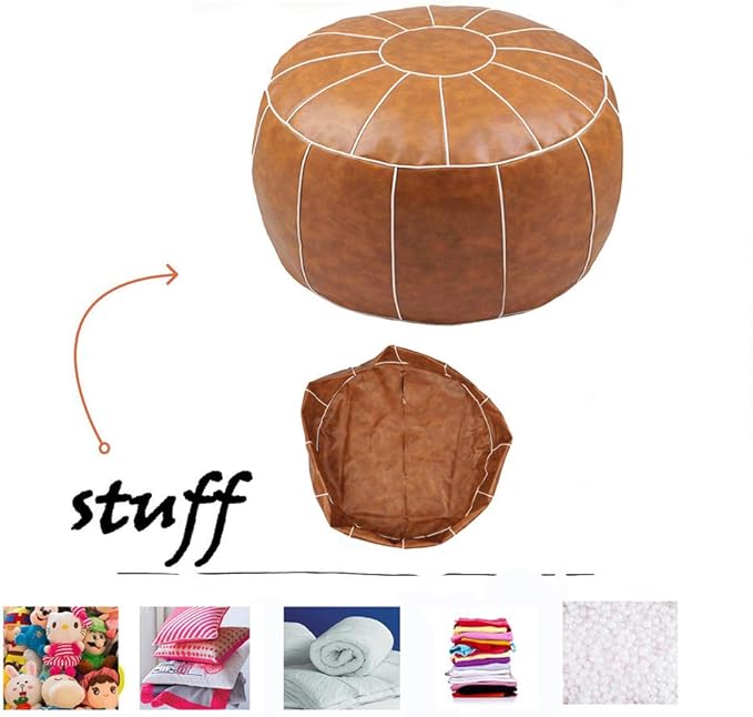 Decorative Pouf Foot Stool Round Unstuffed Leather Ottoman Cushion Storage seat or for Resting Your Feet on, Floor Chair Foot Living Room Bedroom Kids Room and Wedding (Brown)