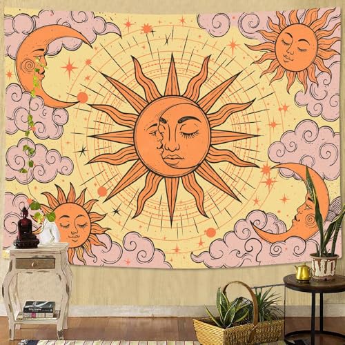 Kanuyee Sun Moon Tapestry Celestial Wall Art Tapestries Boho Hippie Room Decor Aesthetic Wall Hanging for Bedroom Dorm Living Room Mystical Cosmic Art 80x60 Inch - color: Pink Yellow, size: 80"L x 60"W