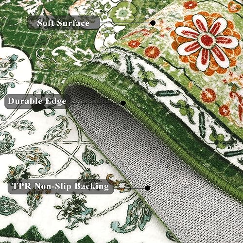 Ileading Bohemian Vintage Area Rug 4x6ft, Machine Washable Low-Pile Accent Carpet, Non-Shedding Non-Slip Living Room Floor Throw Rugs for Bedroom,Dining Room,Kids Playroom,Rv,Office(Green) - color: Green, size: 4' x 6' (Rectangular)