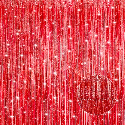Crosize 2 Pack 3.3 x 9.9 ft Laser Red Foil Fringe Curtains Party Decorations,Tinsel Curtain Backdrop for Parties, Door Streamers, Glitter Streamer Backdrop for Birthday Decoration - color: Laser Red, size: 2 Pack
