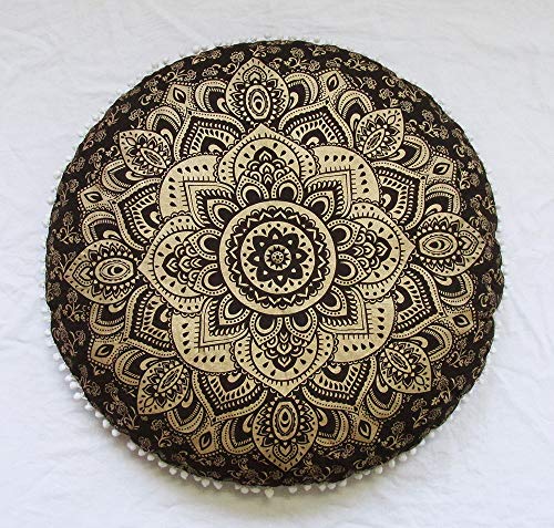 32" Gold Mandala Barmeri Large Floor Pillow Cover Cushion Meditation Seating Ottoman Throw Cover Hippie Decorative Zipped Bohemian Pouf Ottoman Poufs, Pom Pom Pillow Cases (BLACK Gold, 32 inch Round) - color: Purple Gold, size: 32" Round