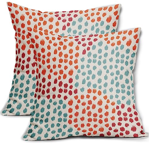 Blue Orange Red Pillow Covers 16x16 Set of 2 Fall Colored Art Dot Decorative Throw Pillows Trendy Print Outdoor Pillowcase Holiday Seasonal Cushion Cover Linen Pillow Case Decor for Sofa Couch Bed - color: Blue Orange Red Dots, size: 16" x 16" (Pack of 2)