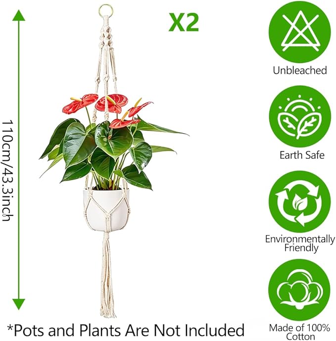 Macrame Plant Hangers 2 Pack Indoor Outdoor Hanging Planter Basket Handmade Rope Hanging Plant Holder for Indoor Outdoor Boho Home Decor 41 Inch, White