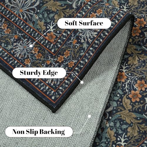 Uphome Botanical Floral Runners for Hallways, 2'6x8 Washable Kitchen Runner Rugs Non Slip, Long Soft Entryway Runner Rug Low Pile, Vintage Floor Carpet for Hallways Bedroom Bathroom, Green/Navy