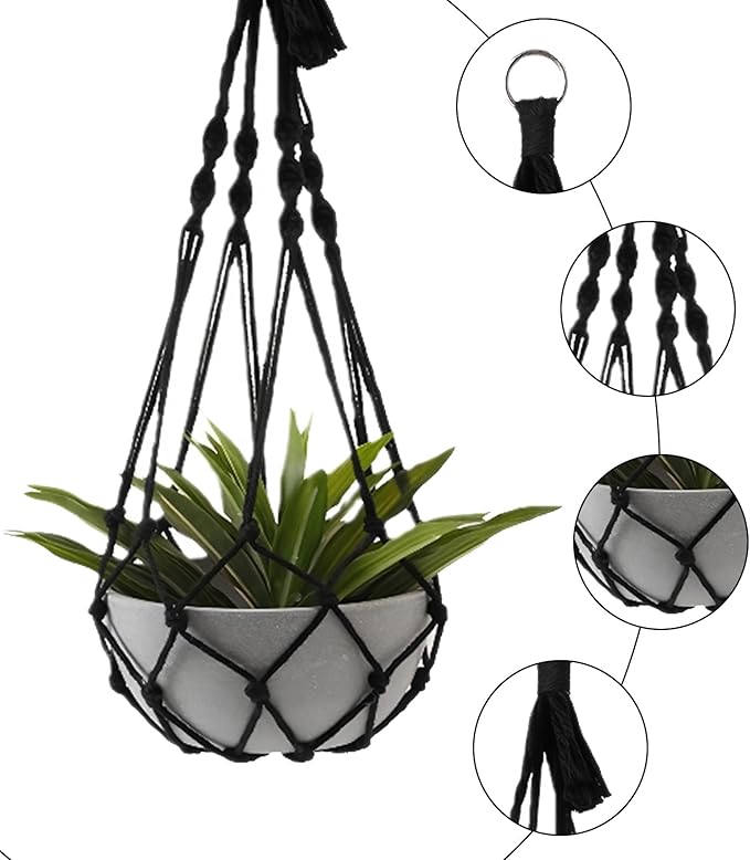 2 Pack Macrame Hanging Planters - Stylish Plant Hangers Crochet Boho Plant Holder Hanging Plant Basket for Up to 8 Inch Pots(Black, Without Patterns)