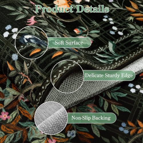Morebes Floral Washable Rug Runners for Hallways Non Slip, Flower Kitchen Runner Rug 2x6, Boho Botanical Ultra-Thin Soft Floor Carpet for Bathroom Entryway Laundry Room, Black - color: Black, size: 2' x 6' (Rectangular)